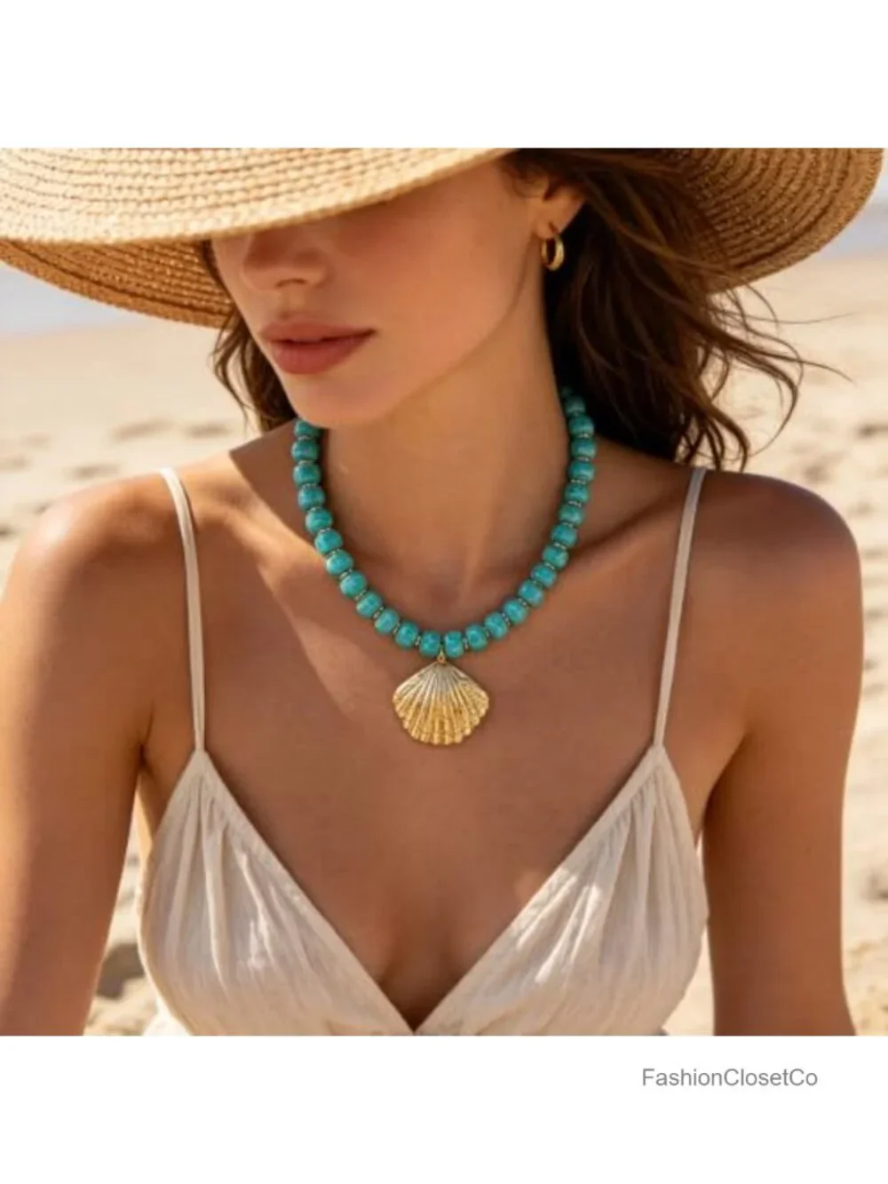 Gold Shell Pendant Necklace Resin Beaded Seashell Choker Summer Beach Jewelry